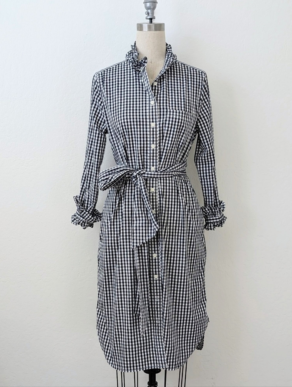 J. Crew Classic-Fit Ruffleneck Navy & White Gingham Midi Shirt Dress w/Tie Sz 6